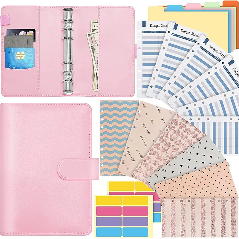 

A6 PU Leather Notebook Binder,Budget Planner Organizer with 12 Waterproof Cash Envelopes,6 Expense Budget Sheets