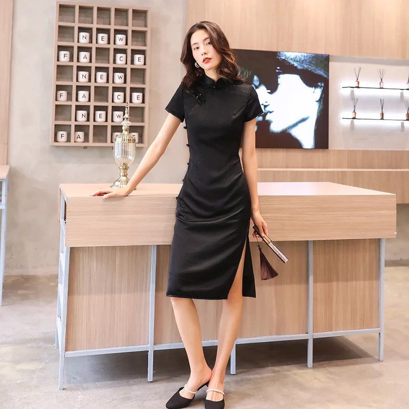 Чёрное женское Ципао винтажное с воротником-стойкой в китайском стиле