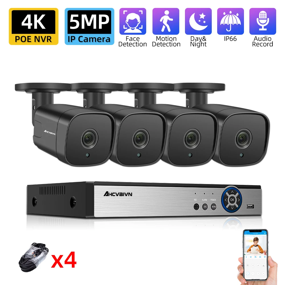 

4CH 4K Audio Record POE NVR Surveillance Kit H.265 5.0MP POE Bullet CCTV IP Camera Waterproof Outdoor Night Vision Set Xmeye
