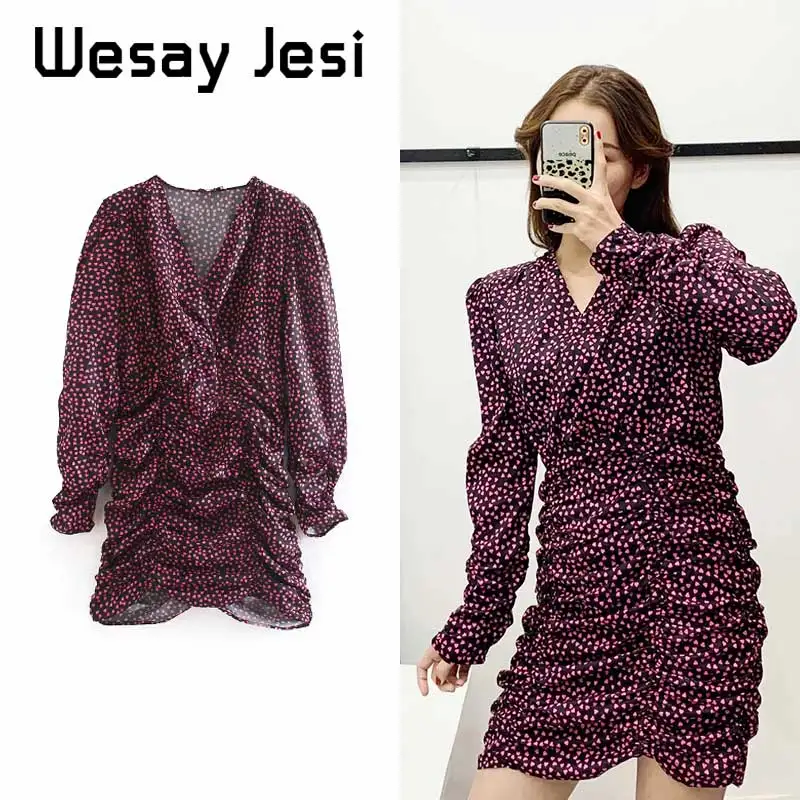 Осеннее женское платье с винтажным принтом Драпированное облегающее мини