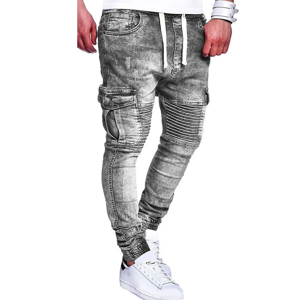

Fashion Multiple Pocket Pleated Knee Slim Men Jeans Drawstring Casual Long Pants
