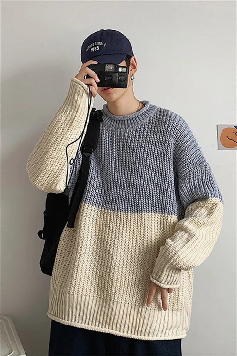 

2020Autumn And Winter New Youth Popular Hong Kong Style Contrast Stitching Loose Knit Sweater Fashion Casual Round Neck Pullover