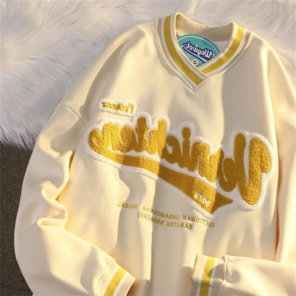 

V-Neck Retro Letter Print Hoodie Sweatshirt Women Tops Loose Casual Solid Hoodie Streetwear Girl Patchwork Hoodies Funny