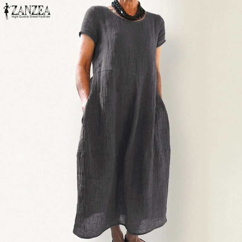 

Элегантное льняное платье-миди ZANZEA 2022, женский летний сарафан, винтажная туника с коротким рукавом, женское плиссированное платье с круглым...