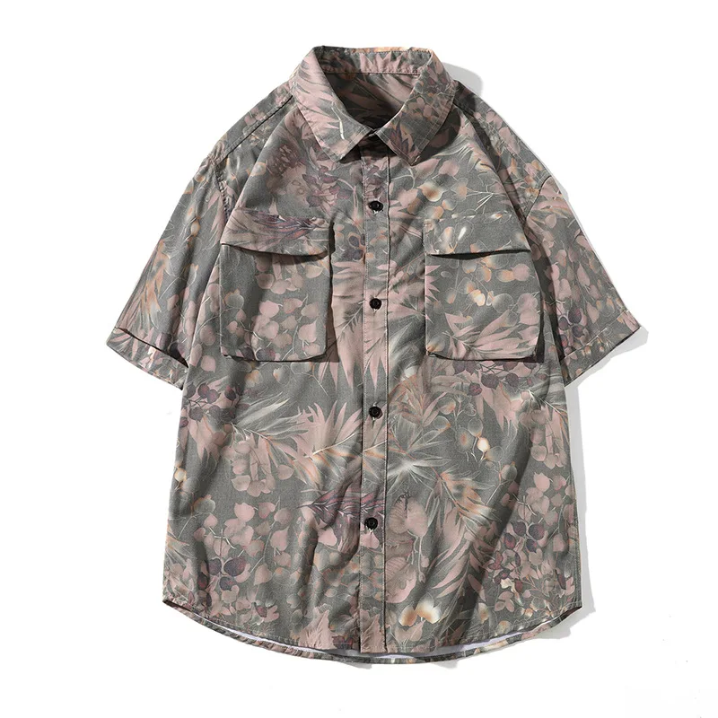 

Japanese Retro Men's Casual Flower Shirt Men's Short-sleeved Summer Tooling Shirt Loose Tide Brand Camisas Para Hombre