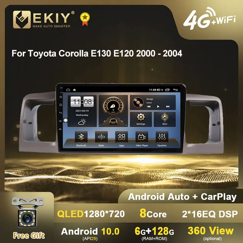 EKIY QLED 1280*720 Android 10 Car Radio 6G+128G For Toyota Corolla E130 E120 2000 - 2004 Multimedia Player GPS Navigation Stereo