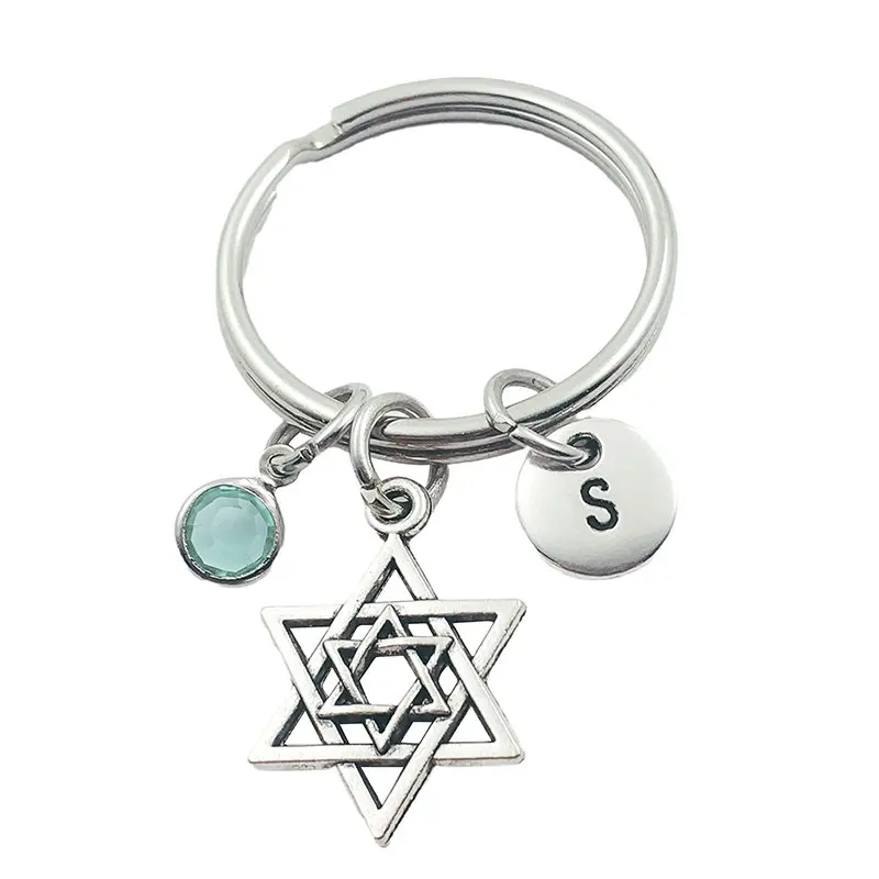 

Star of David Initial Letter Monogram Birthstone Keychains Keyring Creative Fashion Jewelry Women Gifts Accessories Pendant