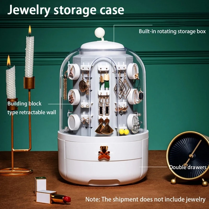 

Luxury jewelry storage box 360 degree rotating dustproof drawer jewelry luggage earrings necklace display stand