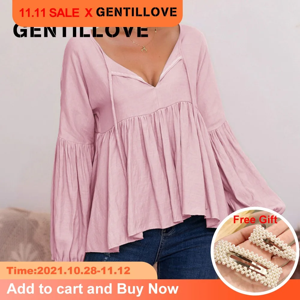 

Элегантная плиссированная Свободная блузка Gentillove с V-образным вырезом, повседневная Однотонная футболка большого размера с рукавами-фонар...