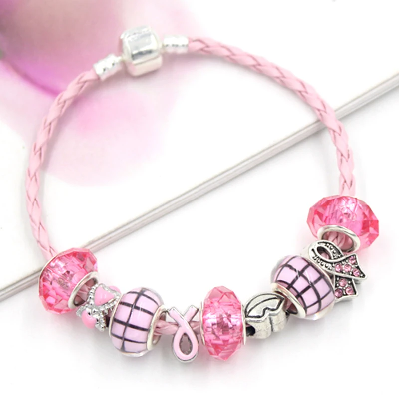 6 шт./лот новейший DIY европейский браслет из бисера Розовая Лента Рак груди