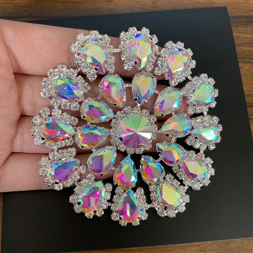 Crystal AB Colorful rhinestone applique round Flower sew on silver gold base For DIY party dress bags shoes | Дом и сад