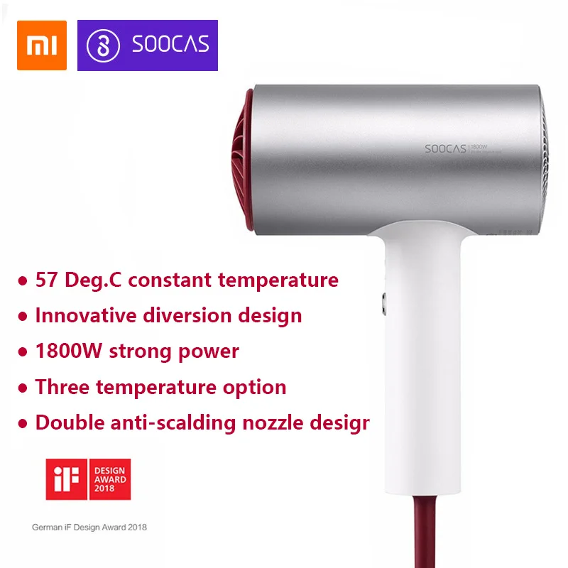 

Youpin Original Soocas H3S Anion Hair Dryer Aluminum Alloy Body 1800W Dryer Hair Air Outlet Anti-Hot Innovative Diversion Design