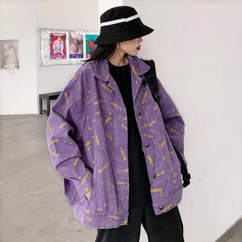 

2021 новая джинсовая куртка Женская Корейская Осенняя ретро свободная хип-хоп куртка с принтом рабочие джинсовые куртки Женская бейсбольная форма уличная одежда