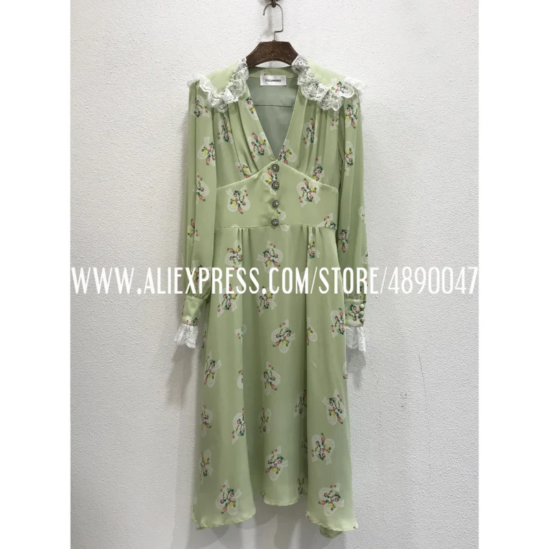 

Stitching lace green floral print dress high quality women's diamond button V-neck high waist slim silk dress