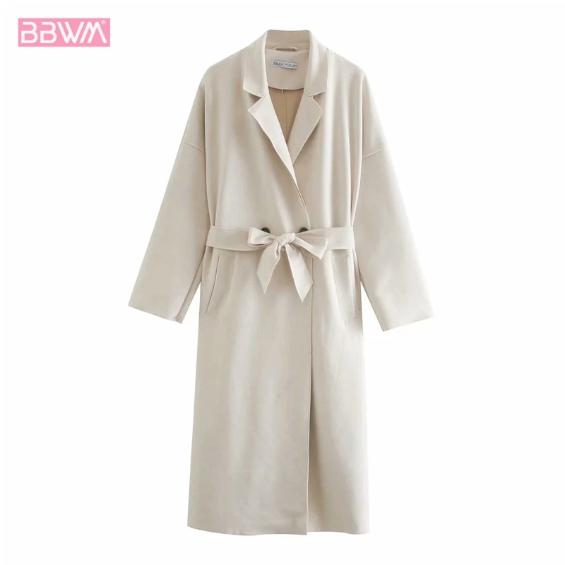 

Vintage Suede Lapel Women's Overcoat Texture Side Pockets Pure Color Temperament with Belt Chic Tops Female