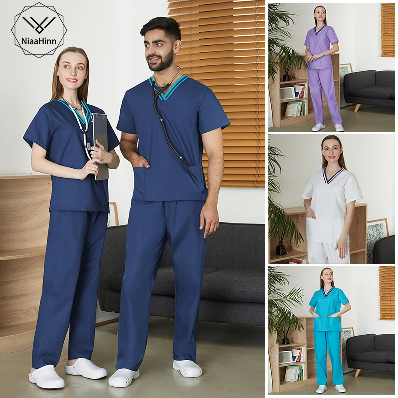 

Beauty Salon Short Sleeve V-neck Unisex Suit Scrub Nursing Service Spa Breathable Comfortable Scrub Uniform Dentist Workwear New
