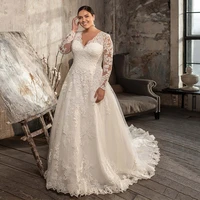 modest long sleeves plus size wedding dress for bride v neck lace glitter lace a line long train corset bridal gowns