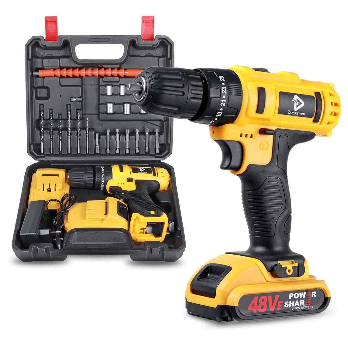

48Vf 3 in 1 Electric Impact Drill Cordless Screwdriver 25+3 Torque Power Tools for Drilling Steel Wood +2 Battery Drill Bit Set