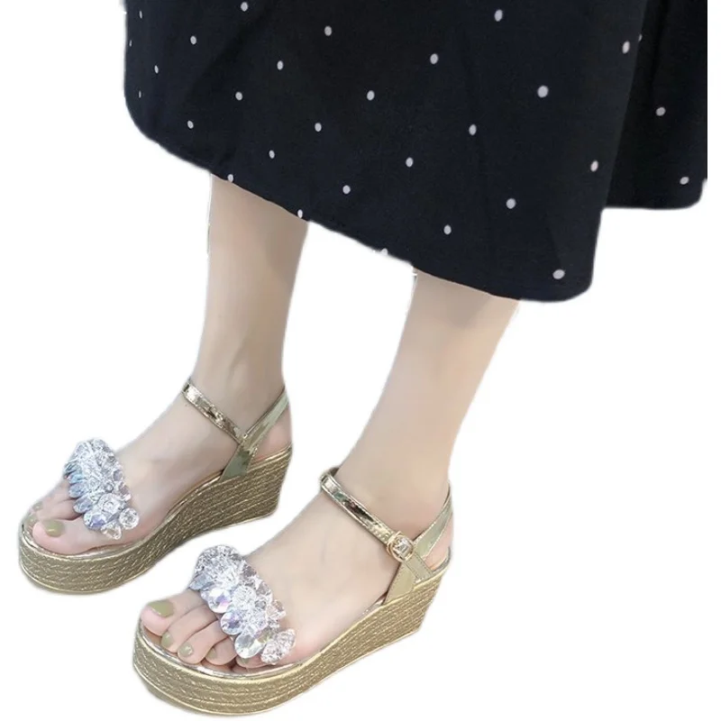 

High Heel Sandal for Women Large Size 2021 Summer Muffins shoe Clear Shoes Suit Female Beige Clogs Wedge Increasing Height High