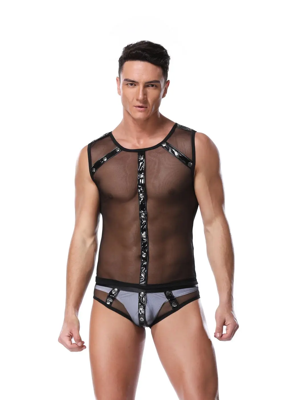 Black Sexy Male Pole Dance Jumpsuits Suits Mesh O-neck Jumpsuit Halloween Cosplay Costumes High Quality Stage Uniform For Man |