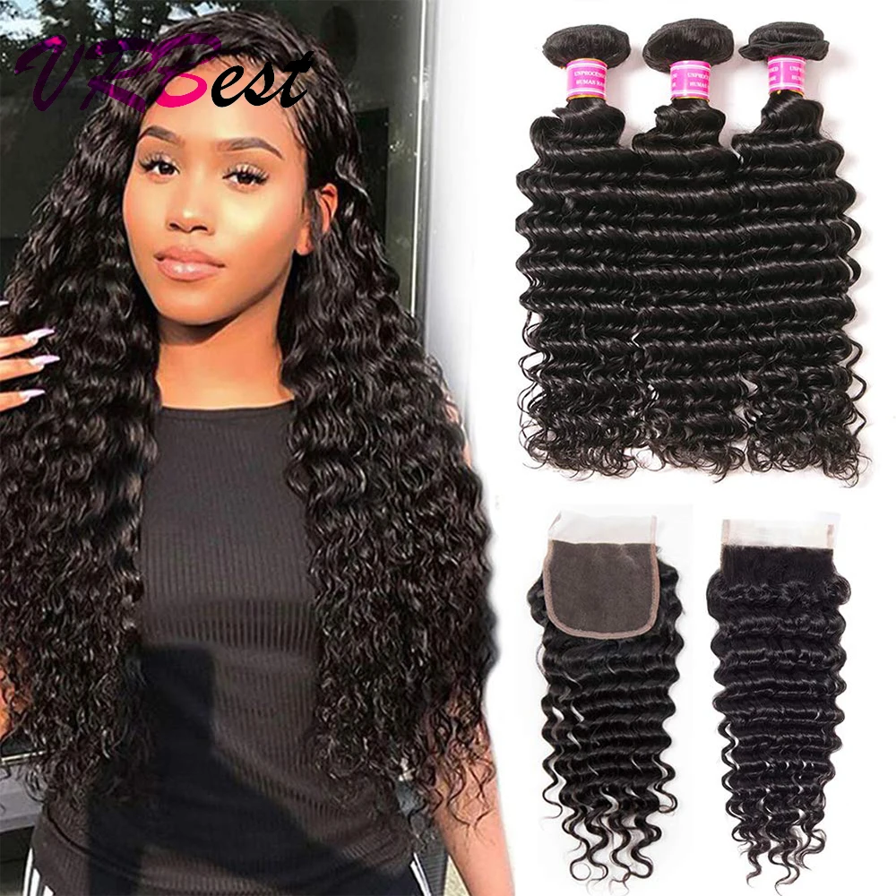 

VRBest Deep Wave 3 /4 Hair Bundles With Closure Remy Human Hair Weaves Extensions Brazilian Hair Deep Curly With Closure