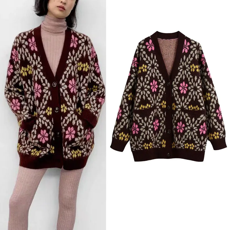 

KUMSVAG Women ZA Autumn Cardigan Sweater 2021 Vintage Loose V-Neck Jacquard Single Breasted Female Fashion Knitting Sweaters