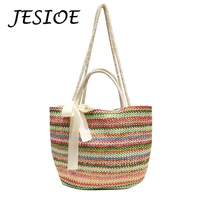 

Богемные Соломенные Сумочки на ремне ins, модные дизайнерские пляжные сумки через плечо, повседневные вместительные женские тоуты с бантом
