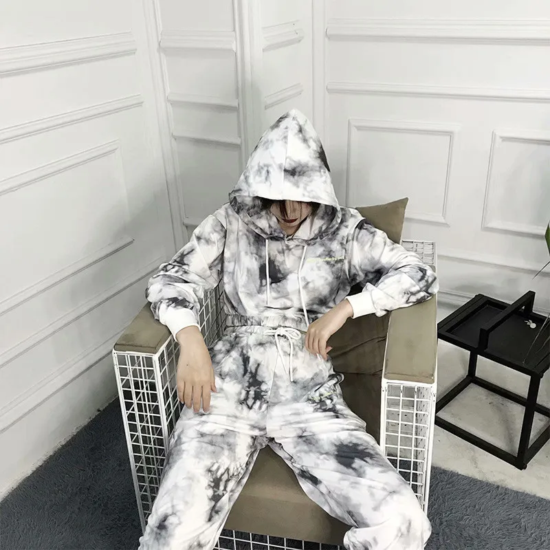 

Autumn Women Tie Dye Two pieces Sport Sets Girls Drawstring Long Sleeve Hoodies And Pants Set Female Casual Sweet Suit Oversized