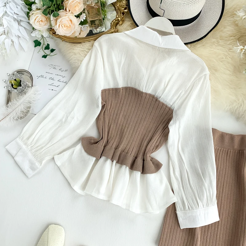 Chic Two-piece Sets Autumn New 2019 Women's Long Sleeve Stitched Knitted Shirts + High Waist Skirts Suits J661 |