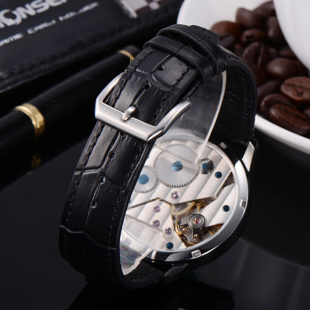 

44MM Corgeut Black case sport Leather Luminous ST3600 Hand Winding 17Jewels Seagull 6497 Movement Mechanical Mens watch