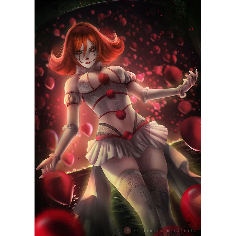 

Dark Red Clown Joker Magic Girl Canvas Painting Custom Print Anime Video Game Comics Art Poster Wall Decoration Picture for Room