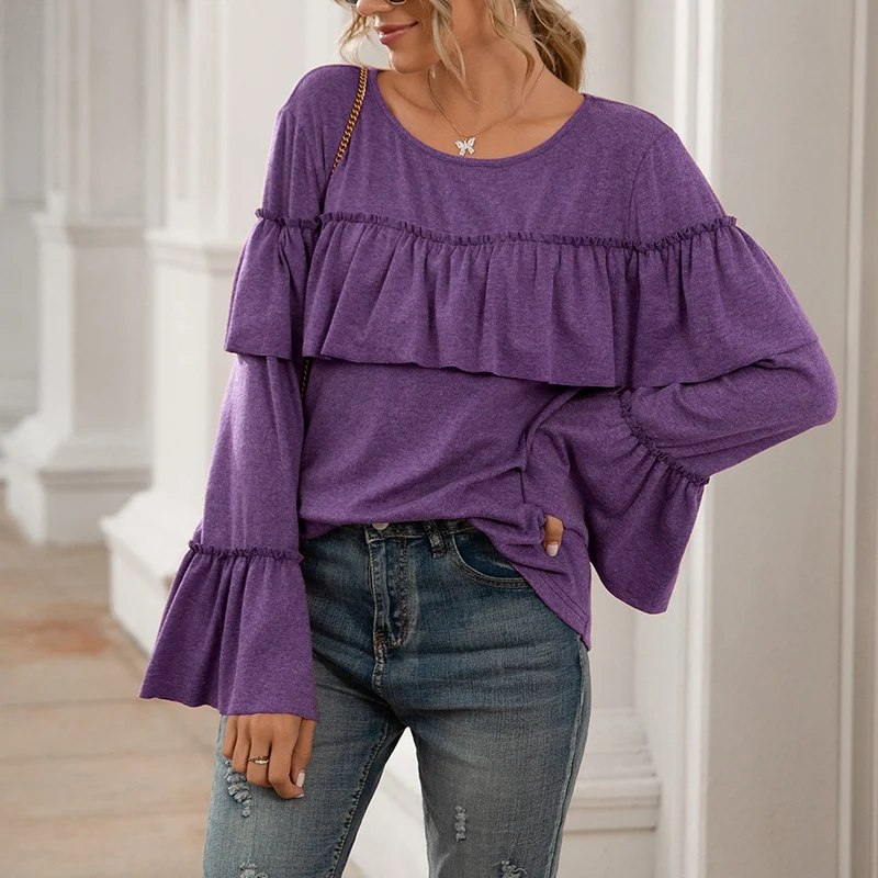 

Spring and Summer Loose Leisure Ruffle Stitching Long-Sleeved Solid Color Mid-Length T-Shirt Top