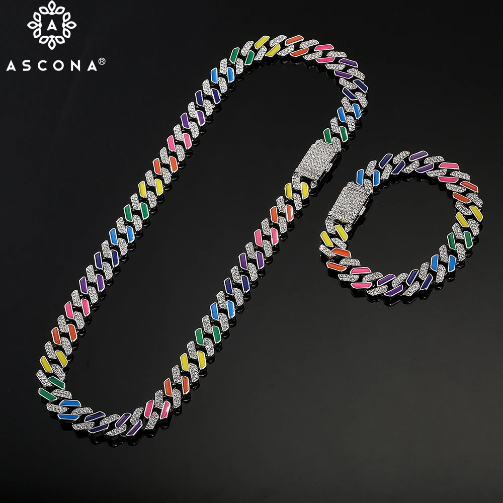 

Iced Out Hip Hop Cuban Link Chain Necklace Women Men Crystal Neon Colorful Enamel Choker Necklace Rainbow Bracelet Jewelry Gifts
