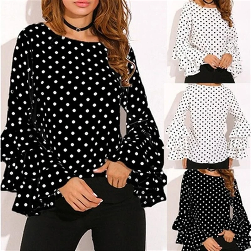 

Women's Shirt New Three Layered Trumpet Sleeve Round Collar Blouse Vintage Polka Dot Shirt 2020 New Fashion