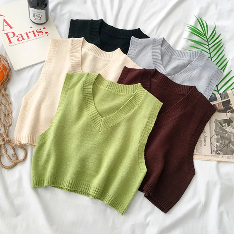 

2020 Vintage Korean Sleeveless V-neck Knitted Vest Sweater Women Solid Pullovers Spring Autumn Ladies Casual Tank Top