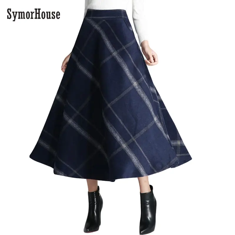SymorHouse/осенне-зимняя повседневная трапециевидная Женская юбка длиной до щиколотки в стиле ретро, шерстяная клетчатая Классическая плотная Теплая юбка