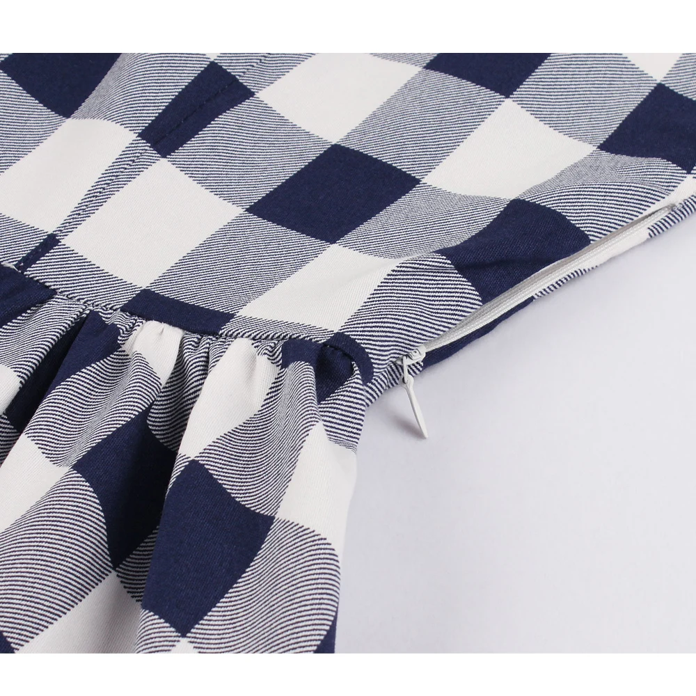 

Short Sleeve Autumn Plaid Dress VD1566 Blue and White A Line 50s 60s Cotton Vintage Retro Party Midi Dress vestidos