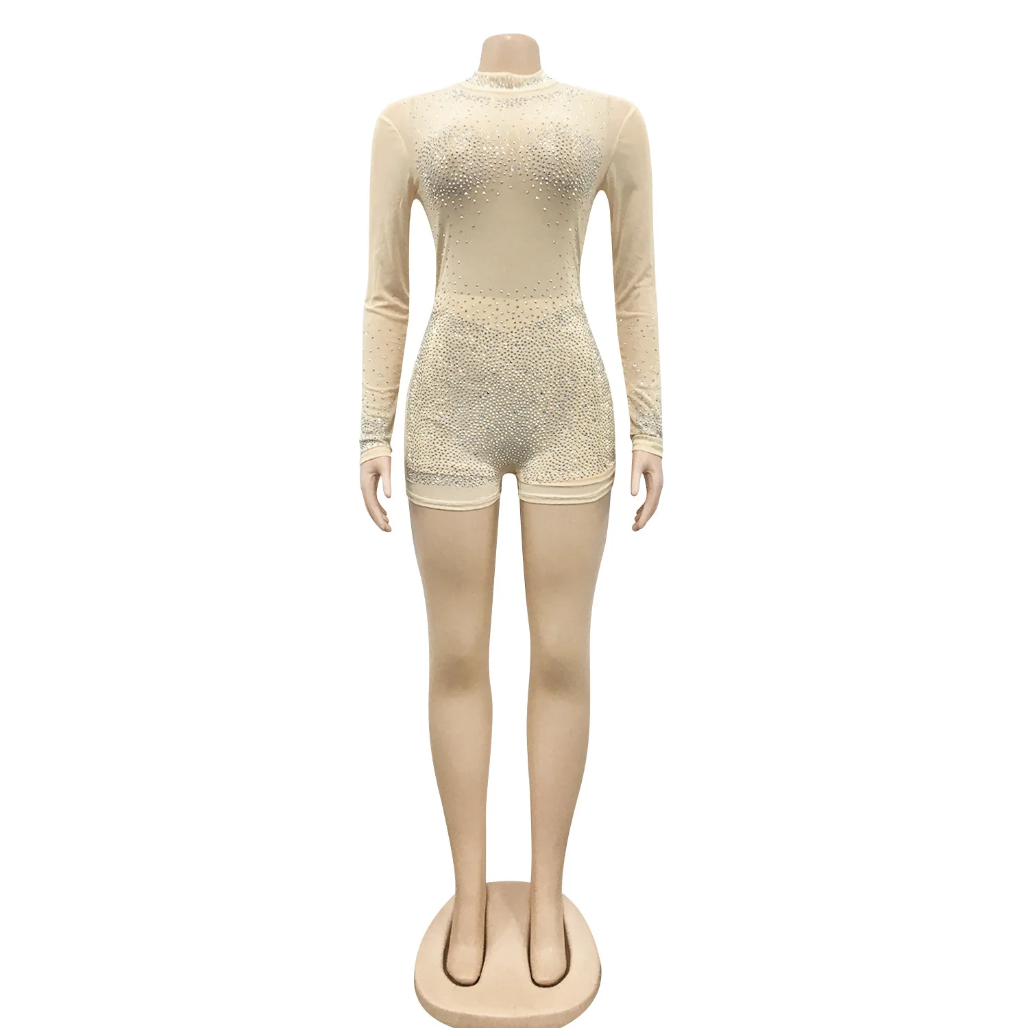 

Crystal Sequined Women Rompers Long Sleeve Turtleneck Skinny Playsuits 2021 Autumn Sexy Sheer Mesh Night Club Party One Pieces