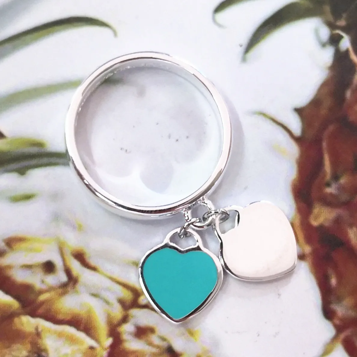

Ladies S925 Sterling Silver Classic Double Heart Shaped Blue Enamel Silver Ring Jewelry Couple Sweet Romantic Holiday Gift