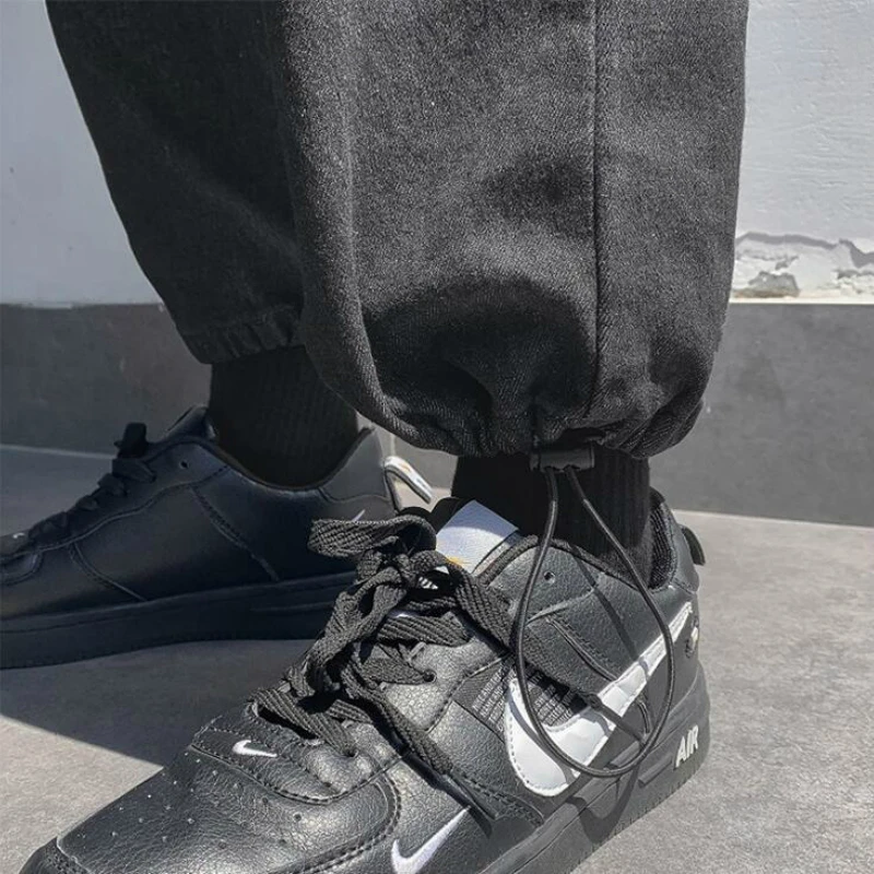 

Men Jeans Solid Loose Straight Embroidery Drawstring Leg Opening Males Fashion All-match Leisure Chic Trendy Elastic Waist New