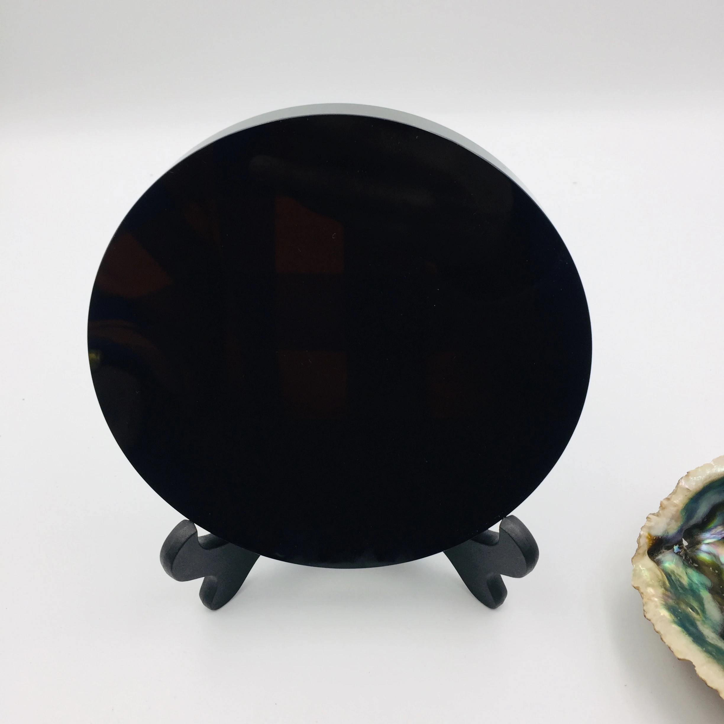 

1pcs High Quality Natural Black Obsidian Stone Scrying Mirror Round Plate Fengshui Mirror For Home Decoration Gift With +Shelf