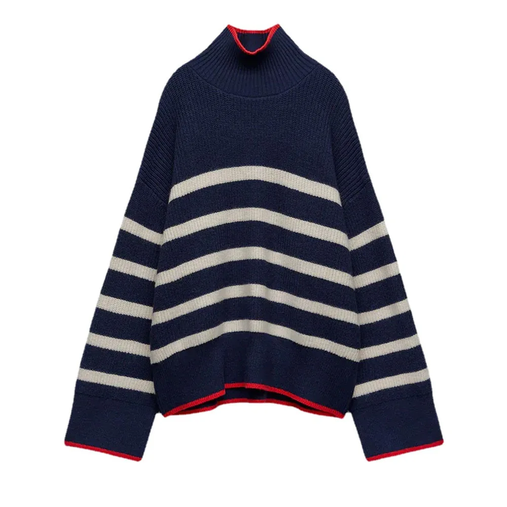 

Новинка, Зимний вязаный Свитер оверсайз с высоким воротником, женские полосатые Повседневные пуловеры с длинным рукавом, Женский Теплый св...