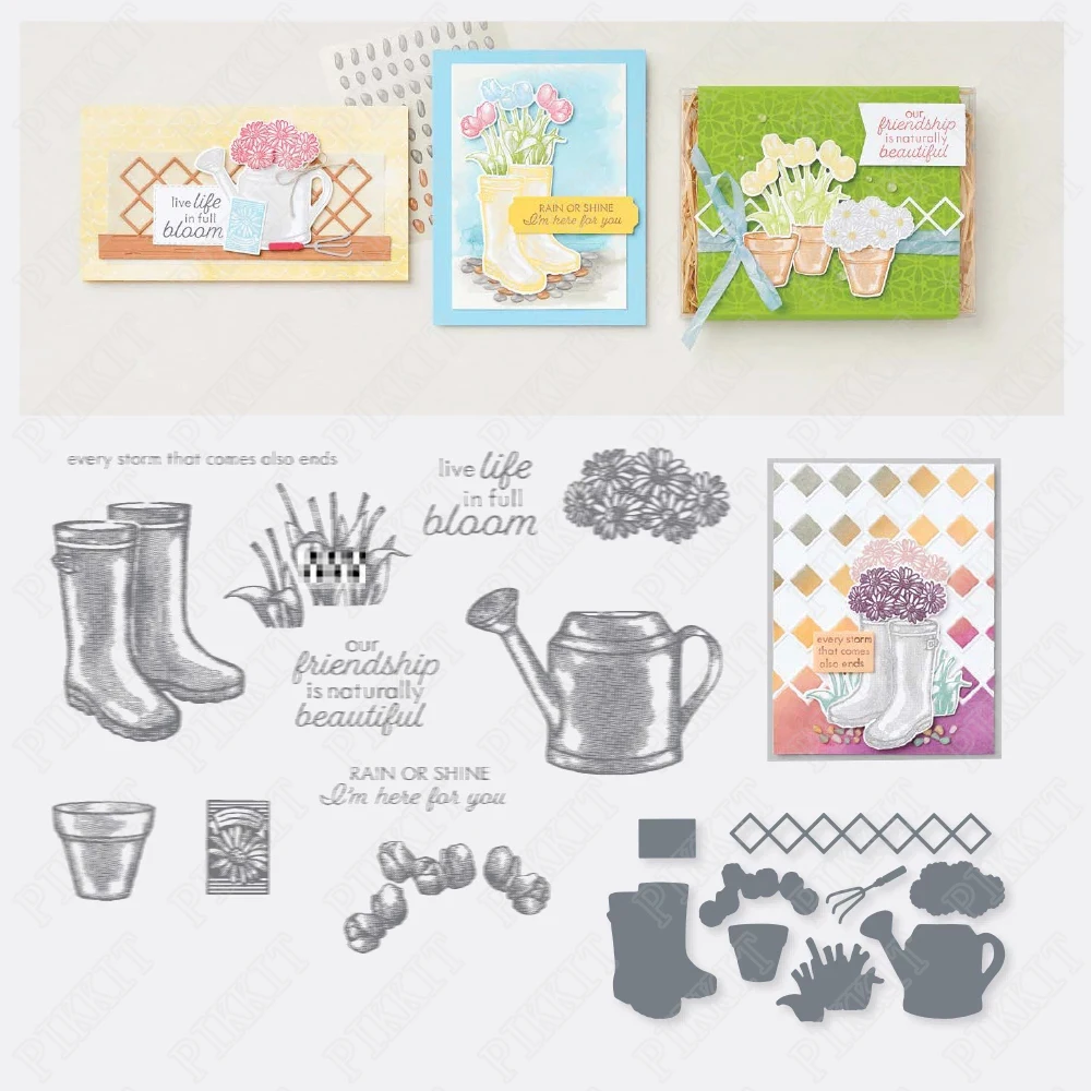 

Rain Boots Kettle Watering Flowers Stamps And Dies New Scrapbook Diary Decoration Embossing Template DIY Greeting Card Handmade