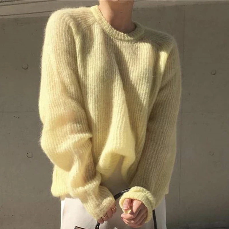 

Limiguyue Autumn Winter Women Mohair Sweater Simple Solid Pullovers Elegant Knitted Tops Casual Round Neck Loose Jumpers K2463