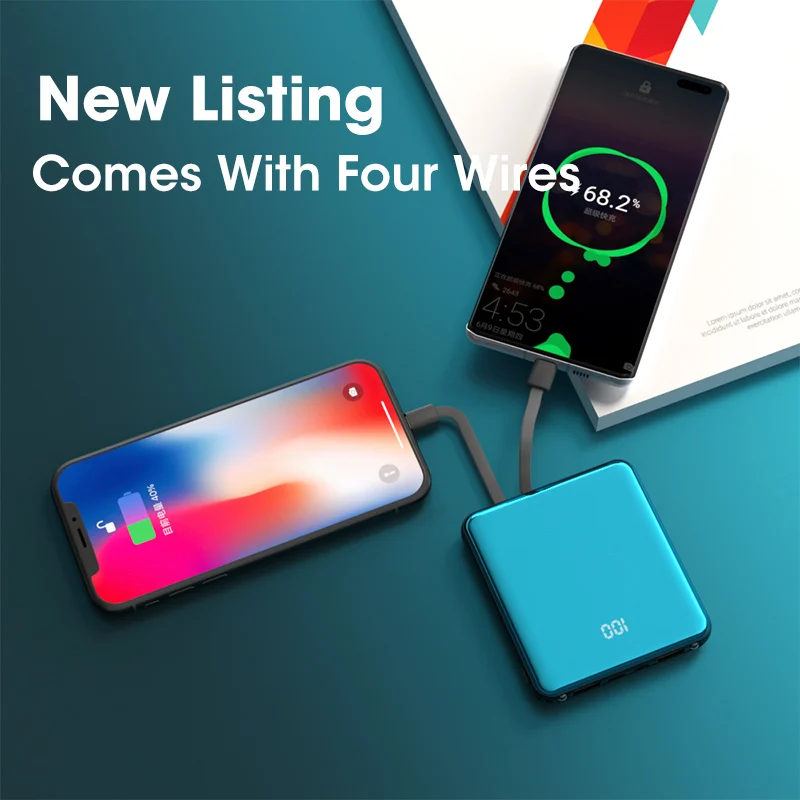 Беспроводное зарядное устройство Qi портативное на 20000 мАч с кабелем внешний