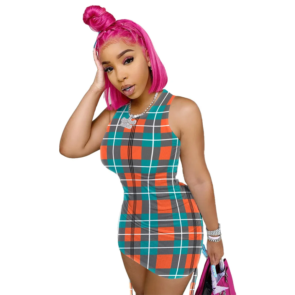

Multicolor Plaid Patchwork Summer Slim Fit Dress Women Round Neck Sleeveless Pencil Dress Fashion High Waist Package Hip Dress