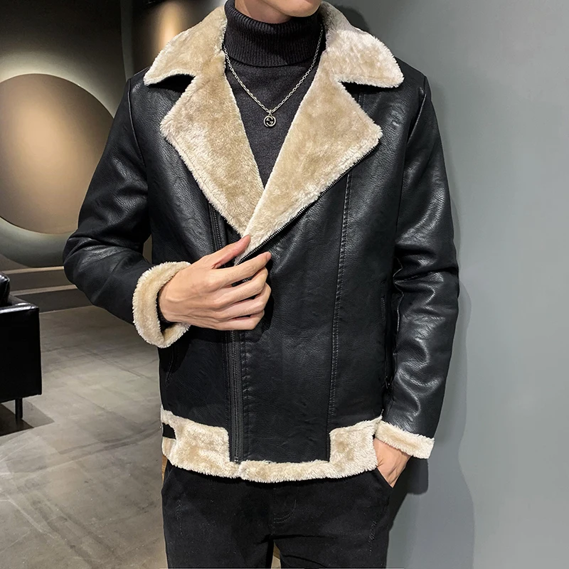 

Winter Leather Jackets Men Faux Fur Warm Lapel Motorcycle Bike Jacket Fashion Loose Streetwear Social Overcoat Male Clothing