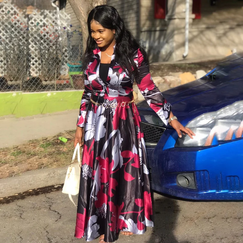 Женское винтажное платье с цветочным принтом и длинным рукавом летнее в стиле