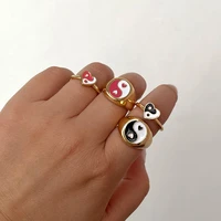 just feel 2 pcsset new fashion heart yin yang rings for women gold color geometric round metal enamel rings jewelry party gifts