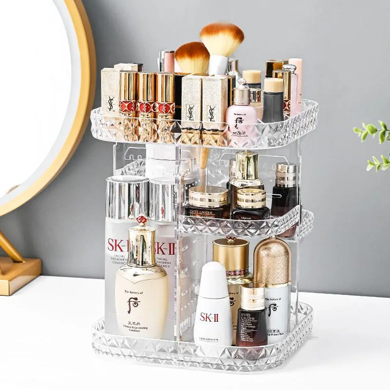 

Cosmetic Storage Box Makeup Stand Bathroom Plastic Box Diamond Pattern 360 Degree Rotation Transparent makeup organizer